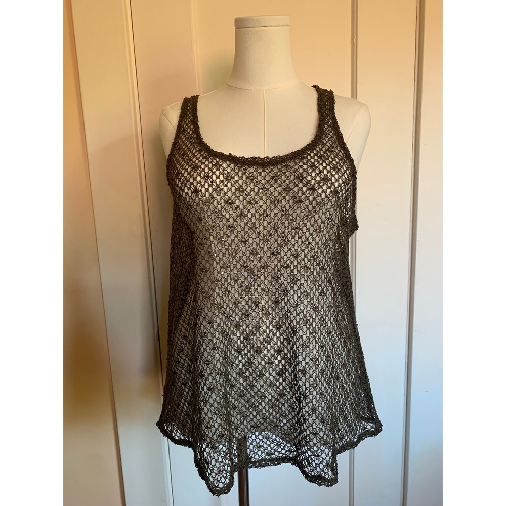 Vintage Milly Brown Open Knit Sequin Tank Top Sleeveless Mesh Crochet Brown sz L